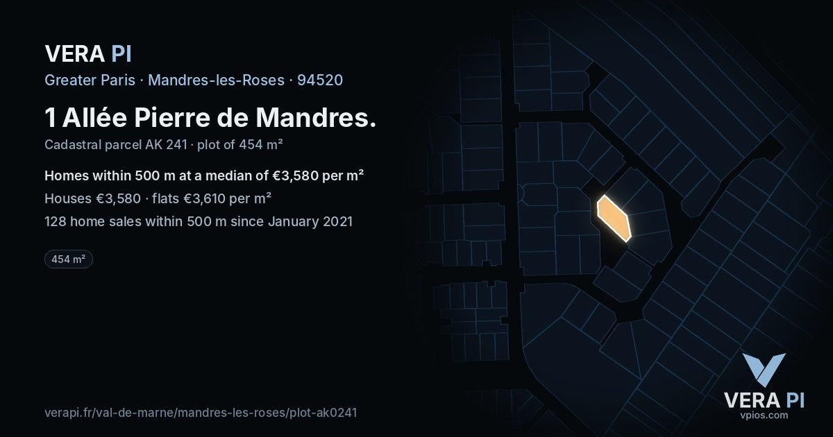 1 Allée Pierre de Mandres, Mandres-les-Roses at night – the plot lit, the parcels around coloured by the prices near them