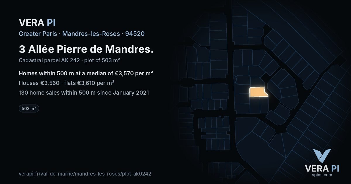 3 Allée Pierre de Mandres, Mandres-les-Roses at night – the plot lit, the parcels around coloured by the prices near them