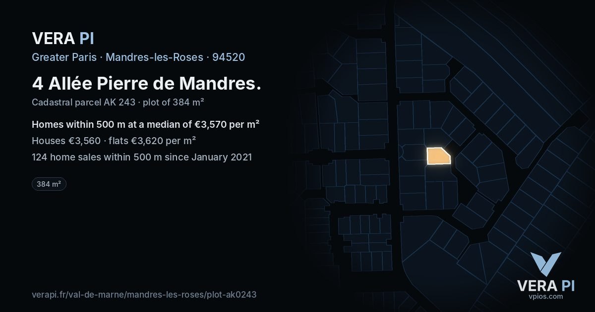 4 Allée Pierre de Mandres, Mandres-les-Roses at night – the plot lit, the parcels around coloured by the prices near them
