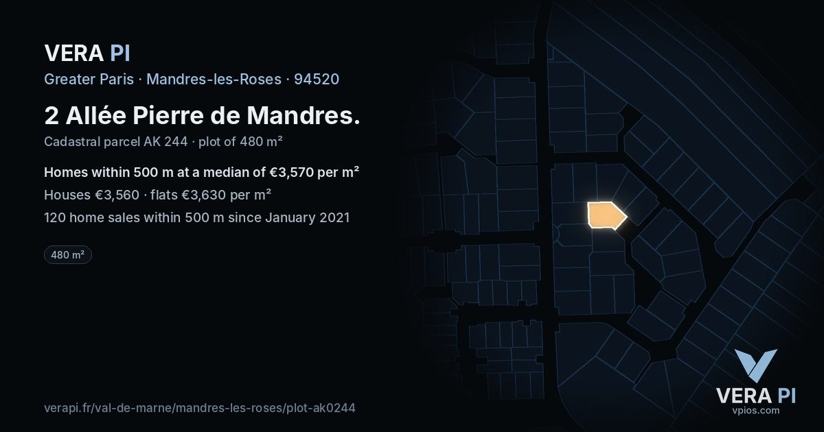 2 Allée Pierre de Mandres, Mandres-les-Roses at night – the plot lit, the parcels around coloured by the prices near them