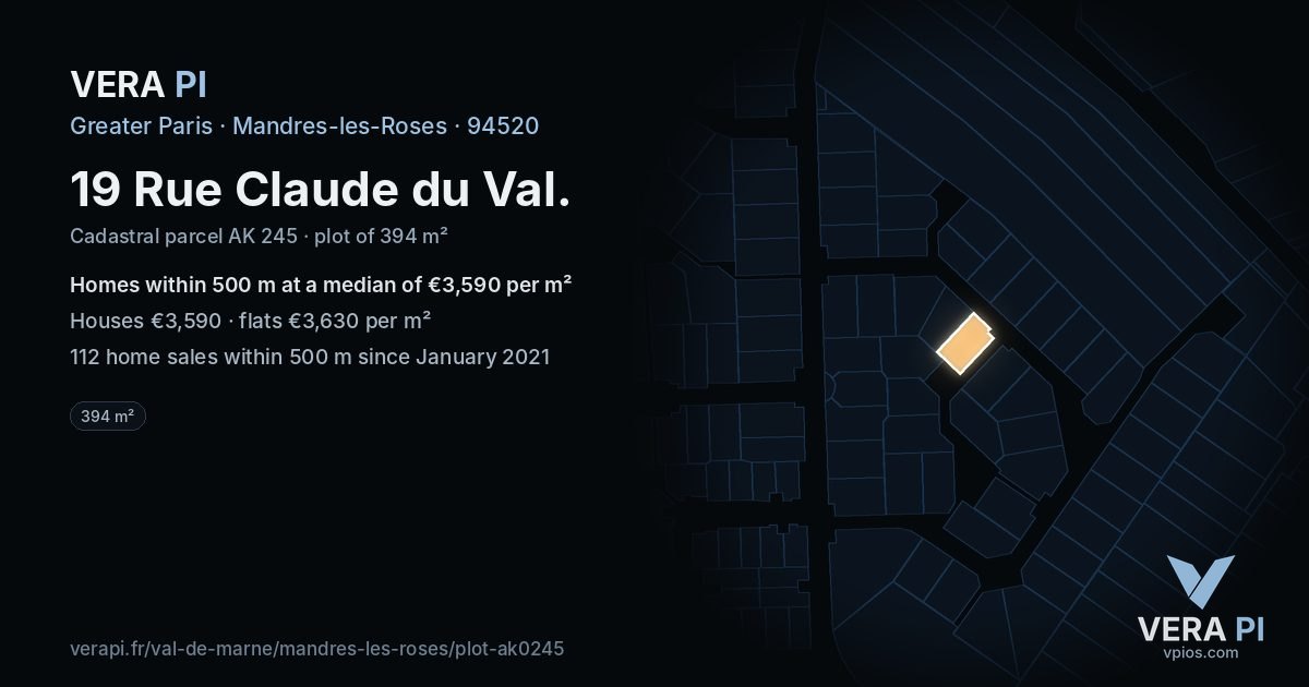 19 Rue Claude du Val, Mandres-les-Roses at night – the plot lit, the parcels around coloured by the prices near them