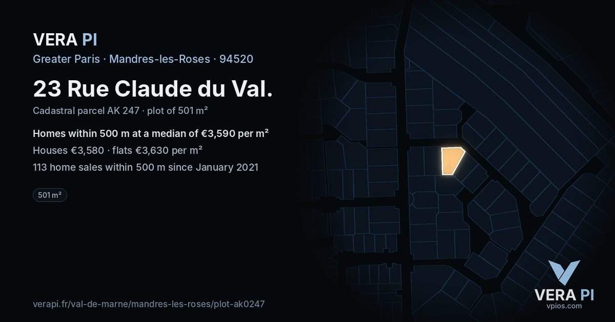 23 Rue Claude du Val, Mandres-les-Roses at night – the plot lit, the parcels around coloured by the prices near them
