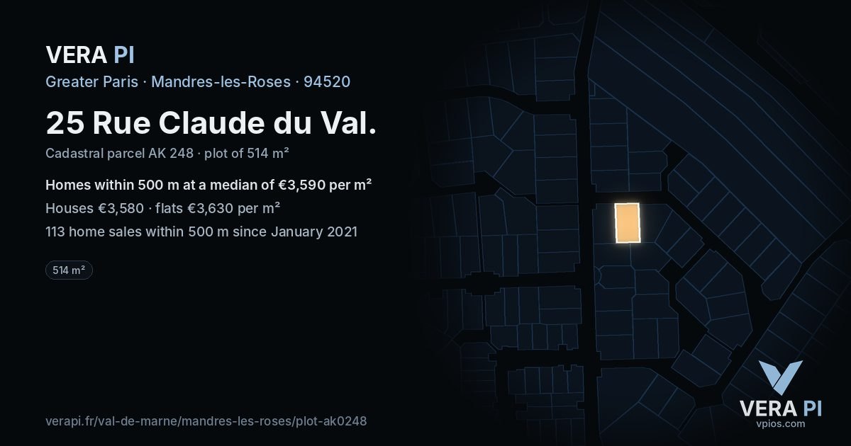 25 Rue Claude du Val, Mandres-les-Roses at night – the plot lit, the parcels around coloured by the prices near them