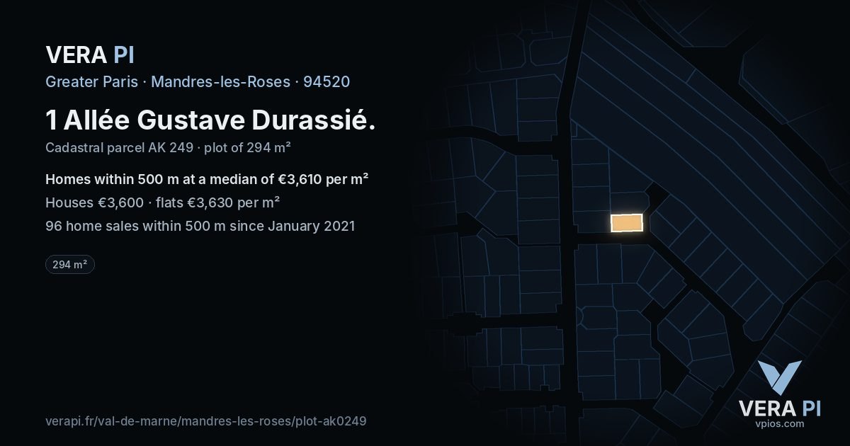 1 Allée Gustave Durassié, Mandres-les-Roses at night – the plot lit, the parcels around coloured by the prices near them