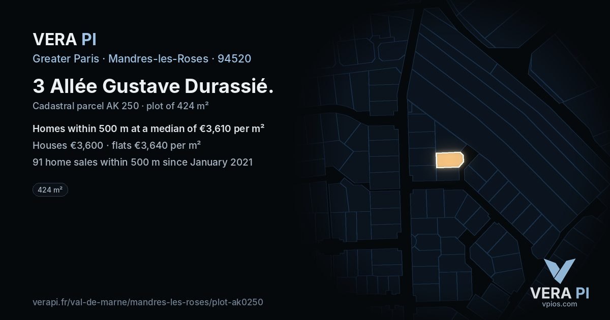 3 Allée Gustave Durassié, Mandres-les-Roses at night – the plot lit, the parcels around coloured by the prices near them