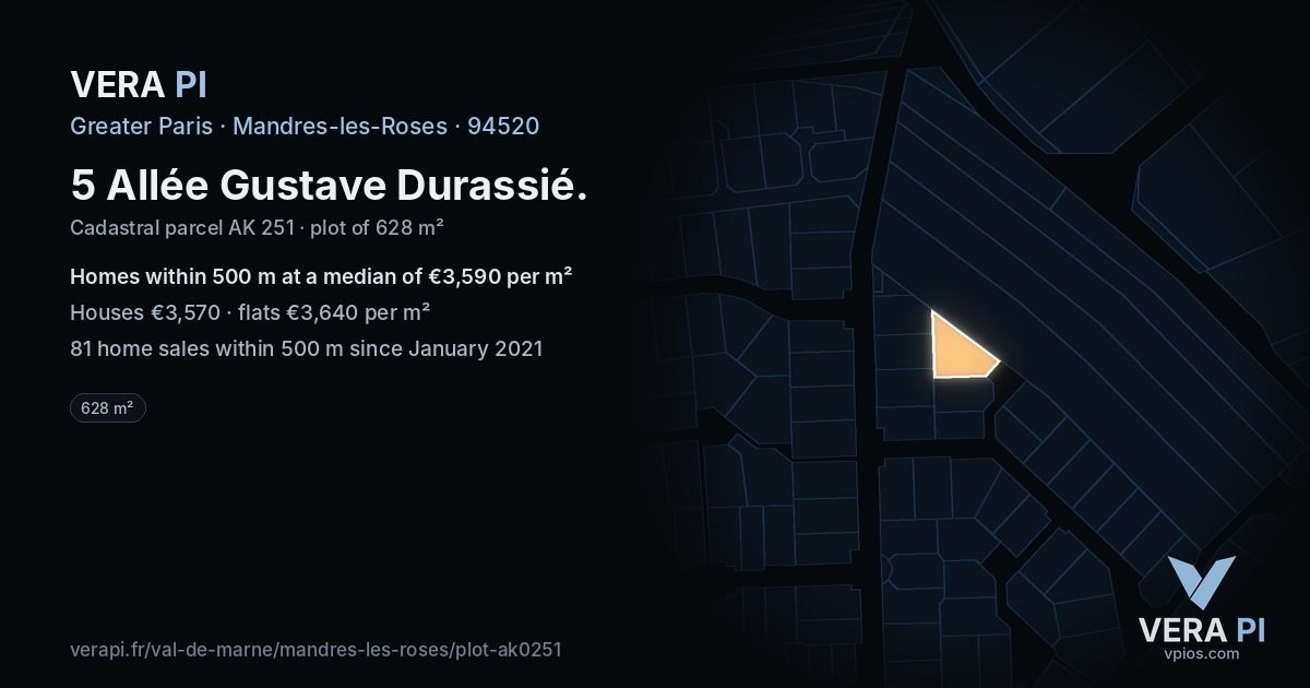 5 Allée Gustave Durassié, Mandres-les-Roses at night – the plot lit, the parcels around coloured by the prices near them