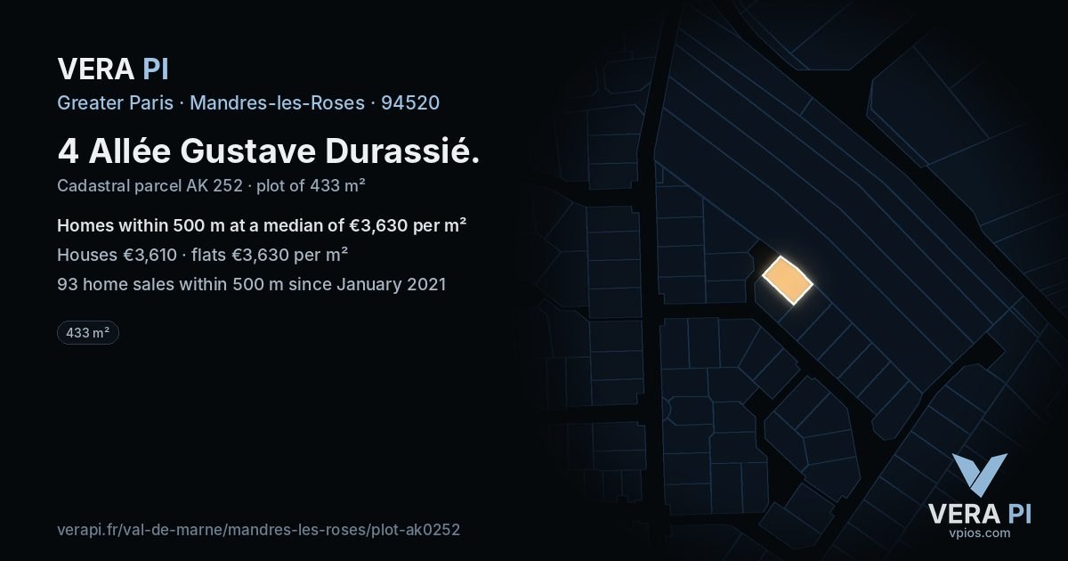 4 Allée Gustave Durassié, Mandres-les-Roses at night – the plot lit, the parcels around coloured by the prices near them