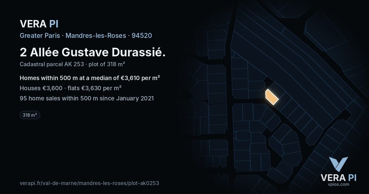 2 Allée Gustave Durassié, Mandres-les-Roses at night – the plot lit, the parcels around coloured by the prices near them