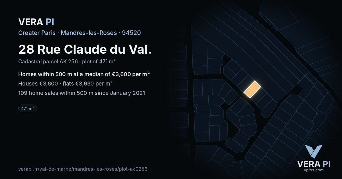28 Rue Claude du Val, Mandres-les-Roses at night – the plot lit, the parcels around coloured by the prices near them