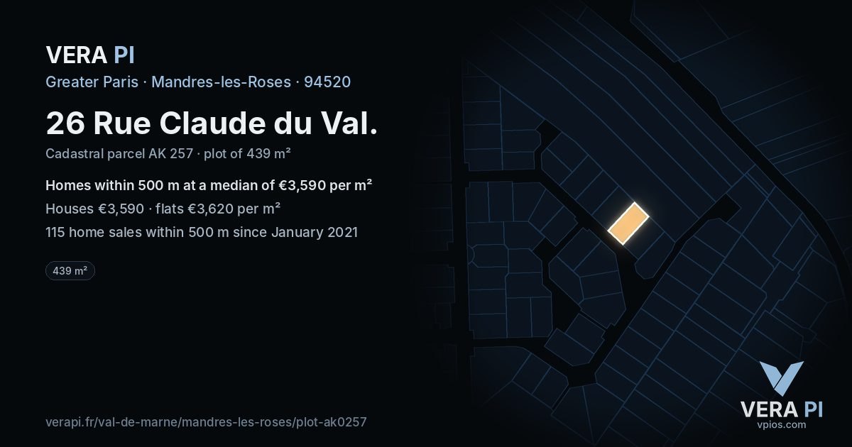 26 Rue Claude du Val, Mandres-les-Roses at night – the plot lit, the parcels around coloured by the prices near them