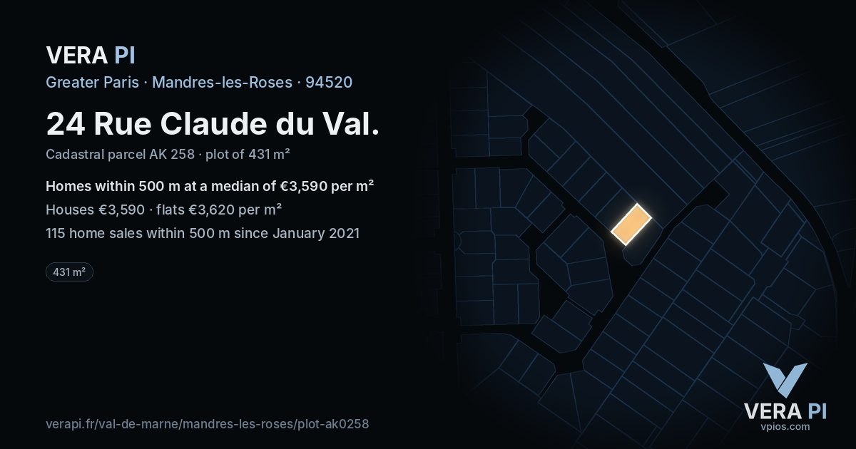 24 Rue Claude du Val, Mandres-les-Roses at night – the plot lit, the parcels around coloured by the prices near them