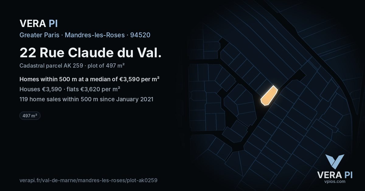22 Rue Claude du Val, Mandres-les-Roses at night – the plot lit, the parcels around coloured by the prices near them