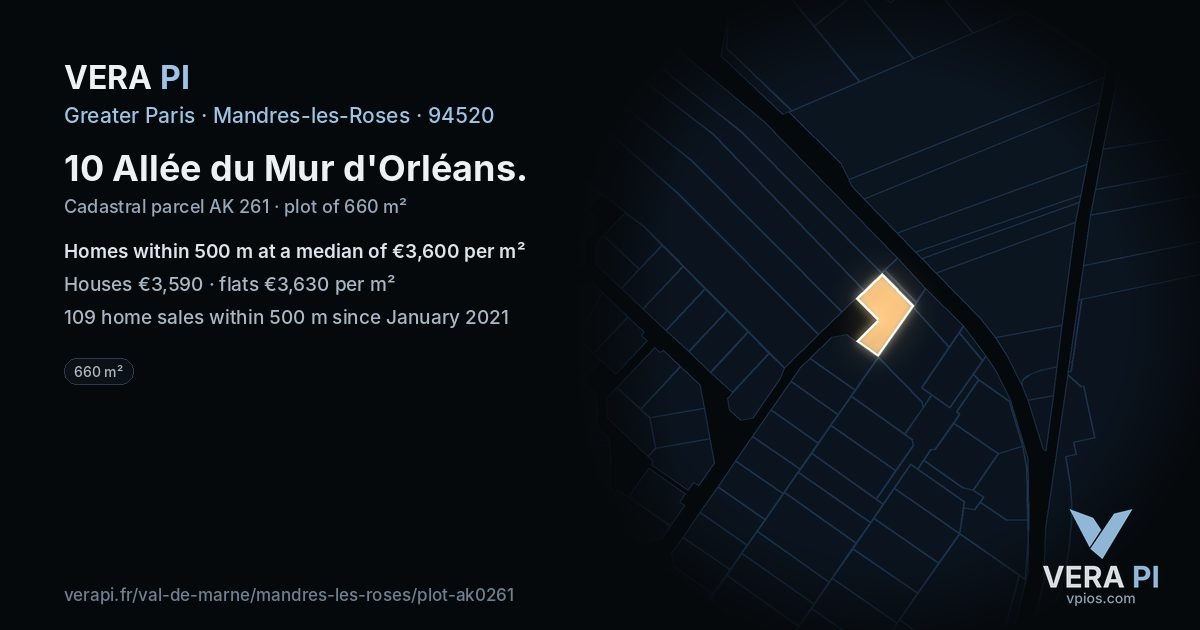 10 Allée du Mur d'Orléans, Mandres-les-Roses at night – the plot lit, the parcels around coloured by the prices near them