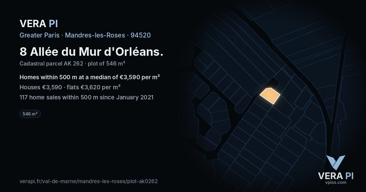 8 Allée du Mur d'Orléans, Mandres-les-Roses at night – the plot lit, the parcels around coloured by the prices near them