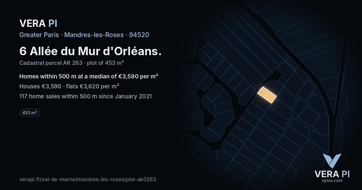 6 Allée du Mur d'Orléans, Mandres-les-Roses at night – the plot lit, the parcels around coloured by the prices near them