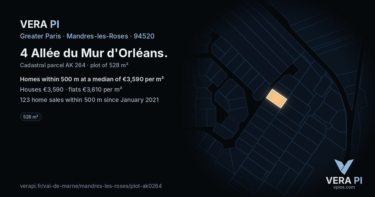 4 Allée du Mur d'Orléans, Mandres-les-Roses at night – the plot lit, the parcels around coloured by the prices near them