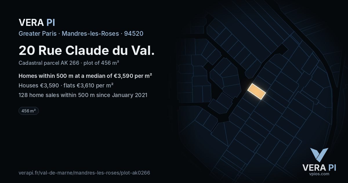 20 Rue Claude du Val, Mandres-les-Roses at night – the plot lit, the parcels around coloured by the prices near them