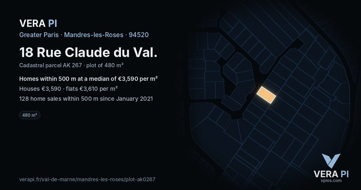 18 Rue Claude du Val, Mandres-les-Roses at night – the plot lit, the parcels around coloured by the prices near them