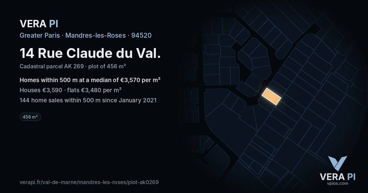 14 Rue Claude du Val, Mandres-les-Roses at night – the plot lit, the parcels around coloured by the prices near them