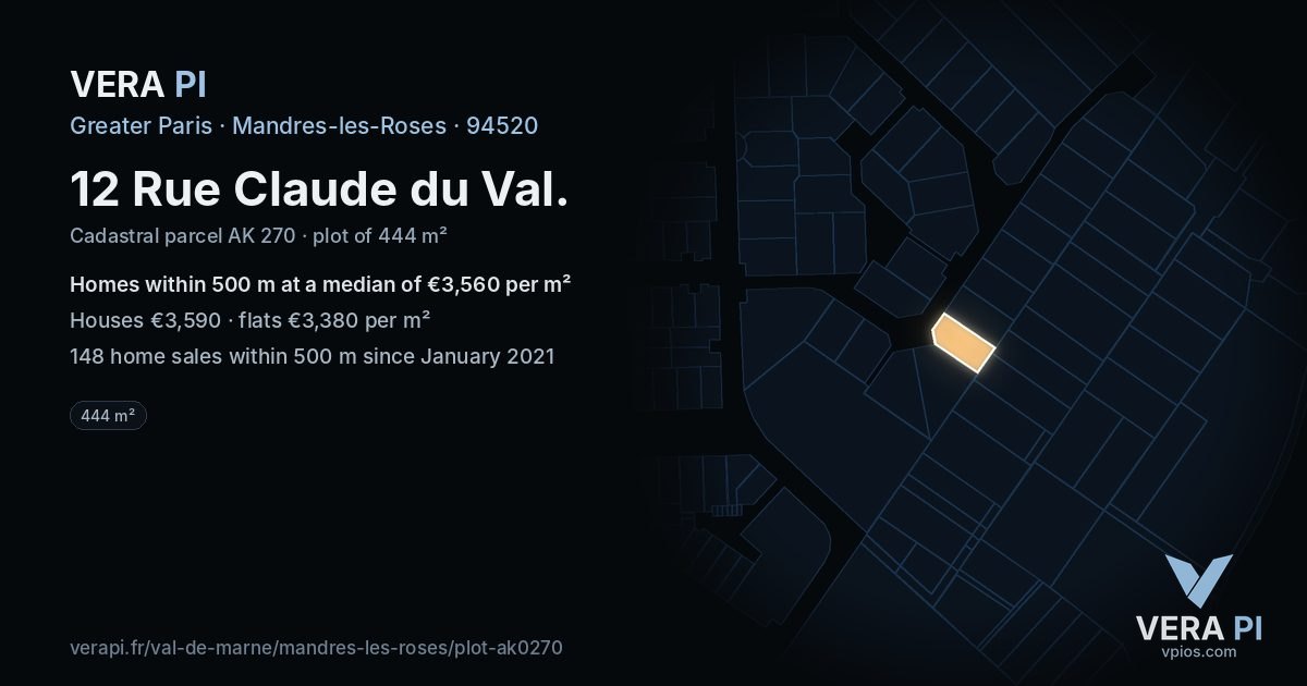 12 Rue Claude du Val, Mandres-les-Roses at night – the plot lit, the parcels around coloured by the prices near them