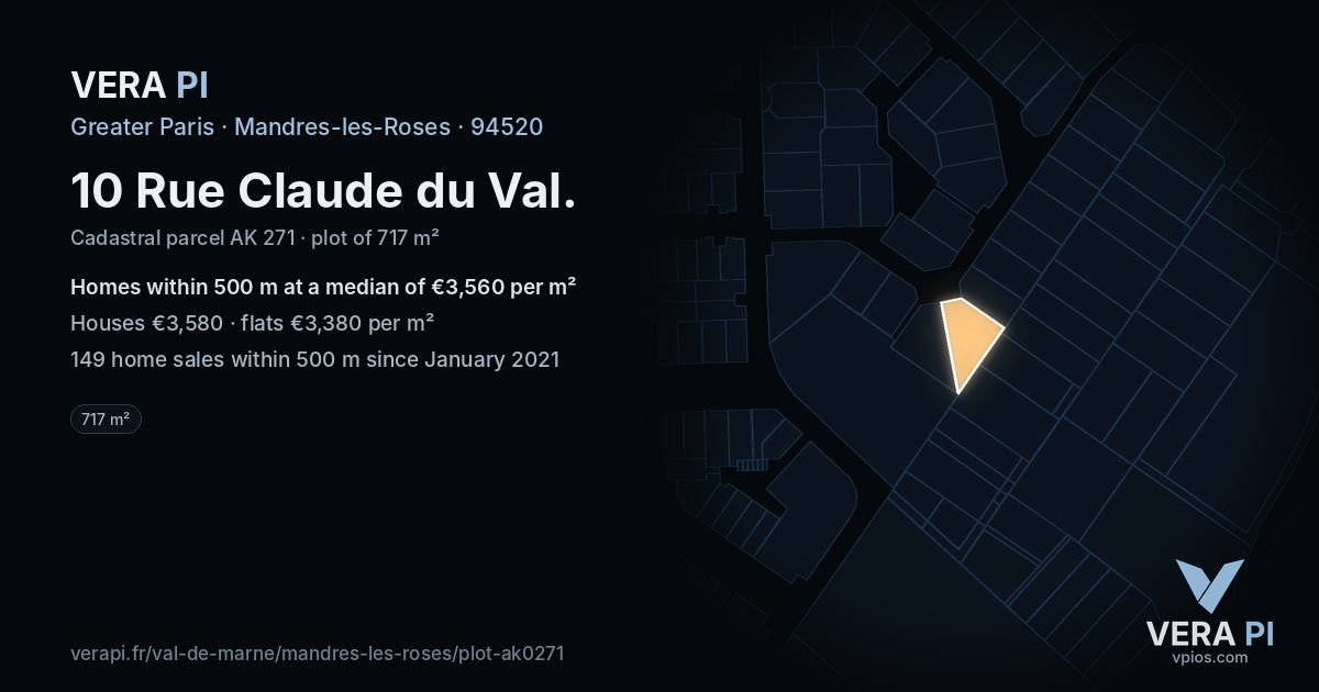 10 Rue Claude du Val, Mandres-les-Roses at night – the plot lit, the parcels around coloured by the prices near them