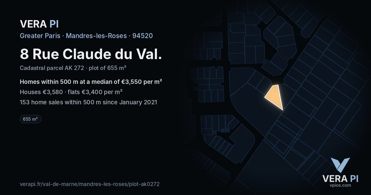 8 Rue Claude du Val, Mandres-les-Roses at night – the plot lit, the parcels around coloured by the prices near them