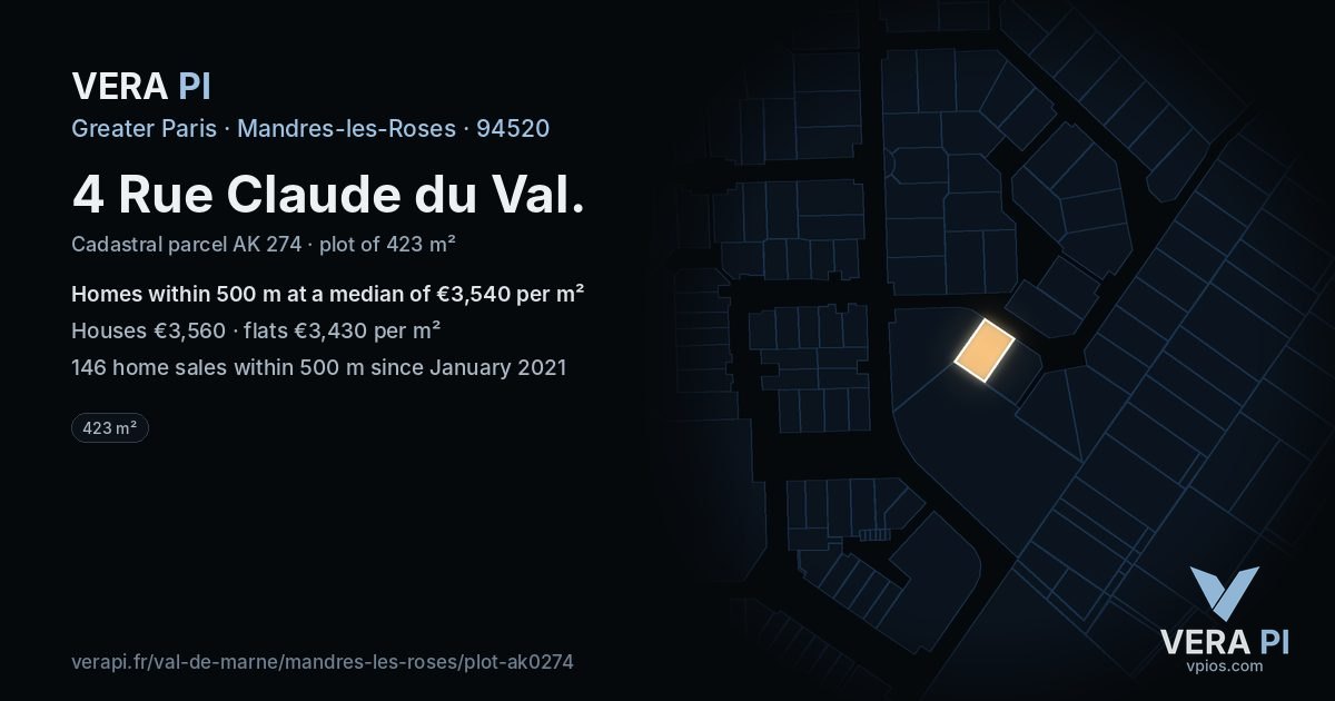 4 Rue Claude du Val, Mandres-les-Roses at night – the plot lit, the parcels around coloured by the prices near them