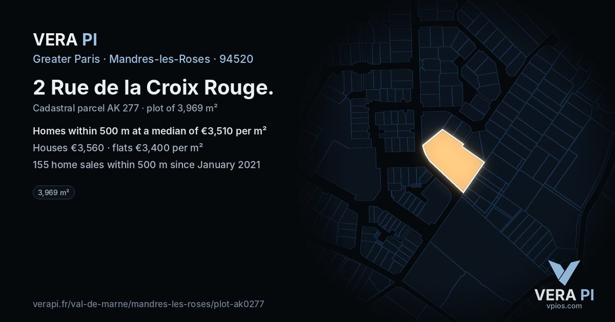 2 Rue de la Croix Rouge, Mandres-les-Roses at night – the plot lit, the parcels around coloured by the prices near them