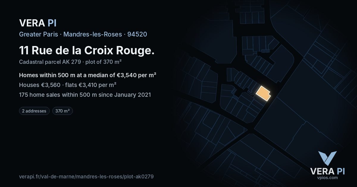 11 Rue de la Croix Rouge, Mandres-les-Roses at night – the plot lit, the parcels around coloured by the prices near them