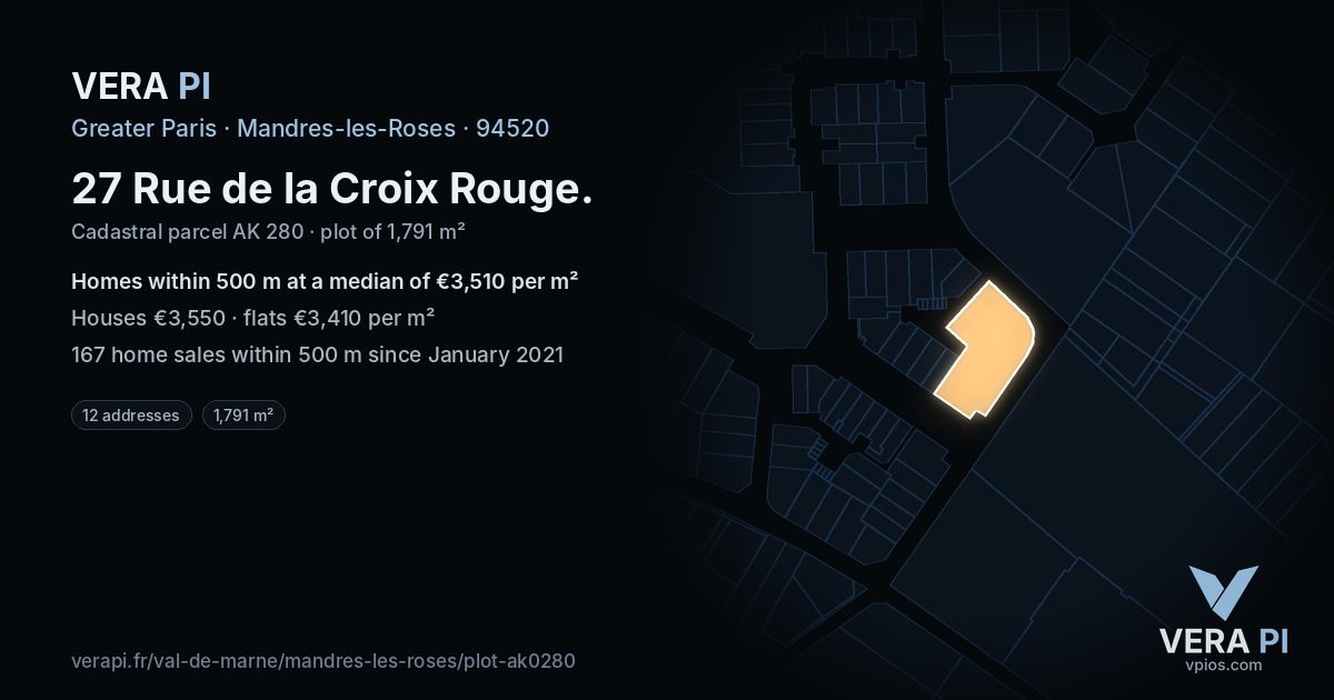27 Rue de la Croix Rouge, Mandres-les-Roses at night – the plot lit, the parcels around coloured by the prices near them