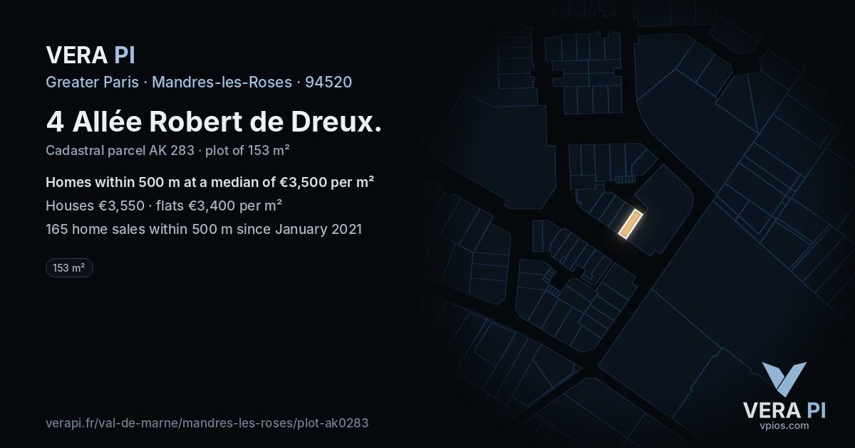 4 Allée Robert de Dreux, Mandres-les-Roses at night – the plot lit, the parcels around coloured by the prices near them