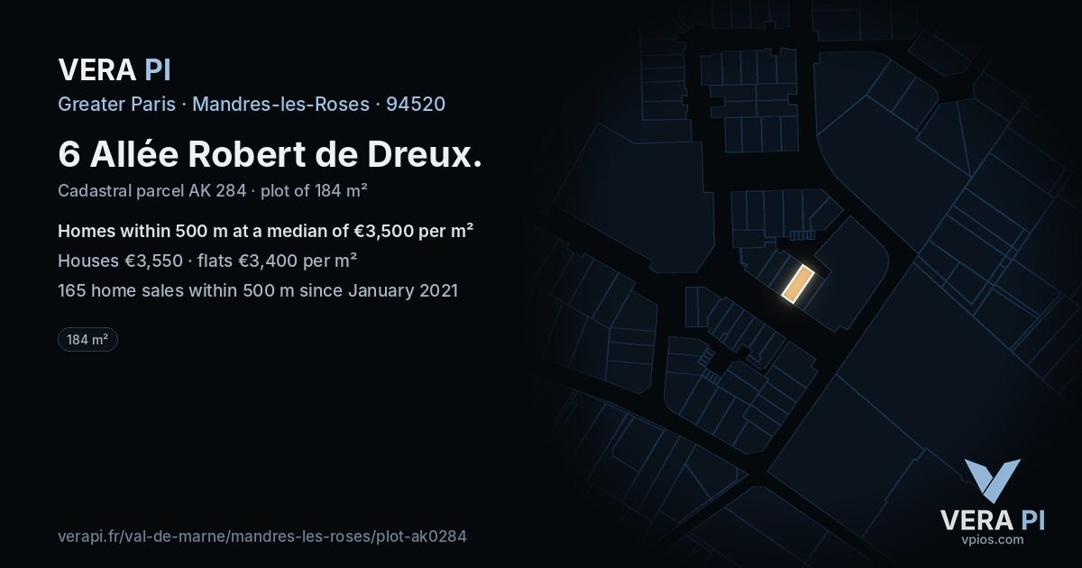6 Allée Robert de Dreux, Mandres-les-Roses at night – the plot lit, the parcels around coloured by the prices near them