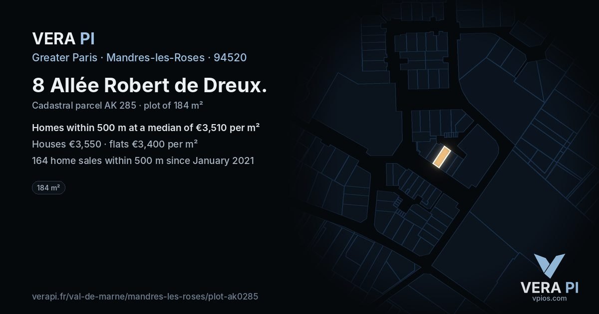 8 Allée Robert de Dreux, Mandres-les-Roses at night – the plot lit, the parcels around coloured by the prices near them
