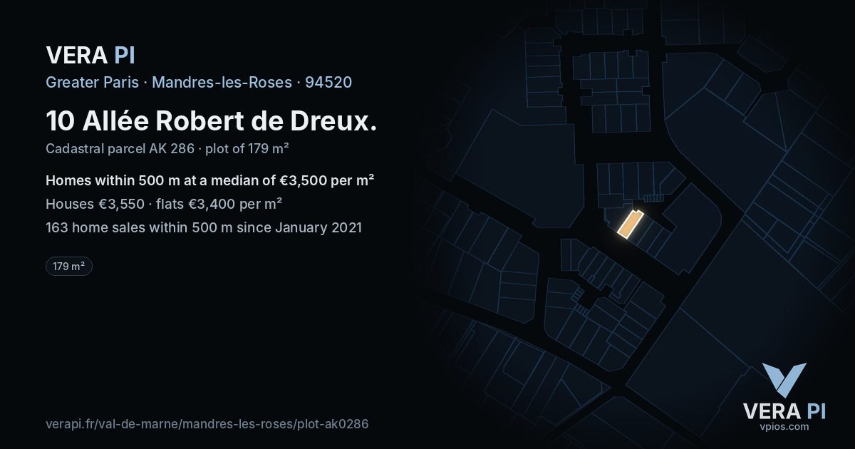 10 Allée Robert de Dreux, Mandres-les-Roses at night – the plot lit, the parcels around coloured by the prices near them