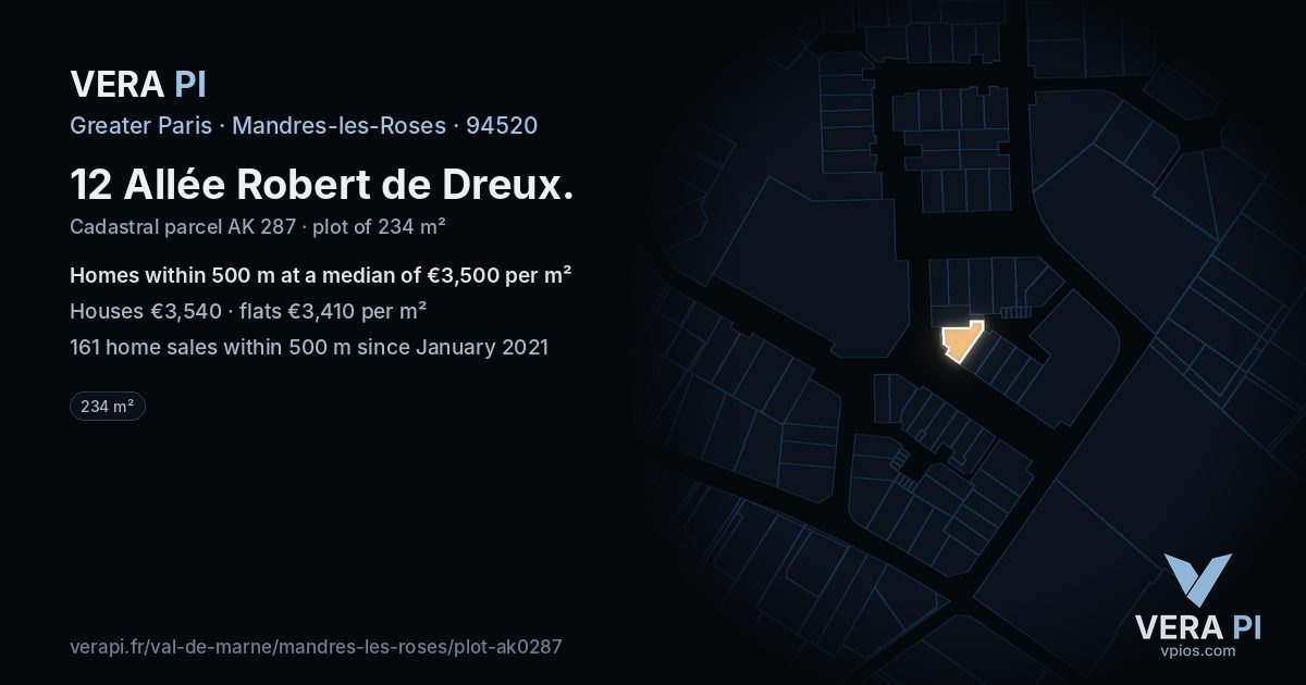 12 Allée Robert de Dreux, Mandres-les-Roses at night – the plot lit, the parcels around coloured by the prices near them