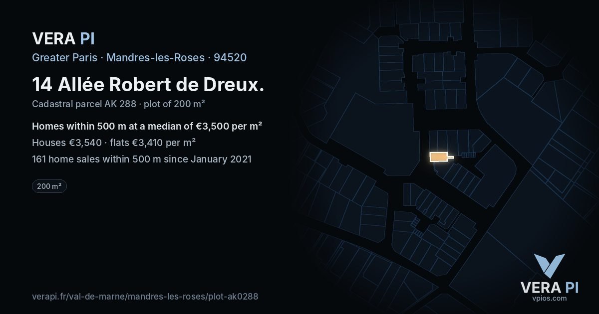 14 Allée Robert de Dreux, Mandres-les-Roses at night – the plot lit, the parcels around coloured by the prices near them
