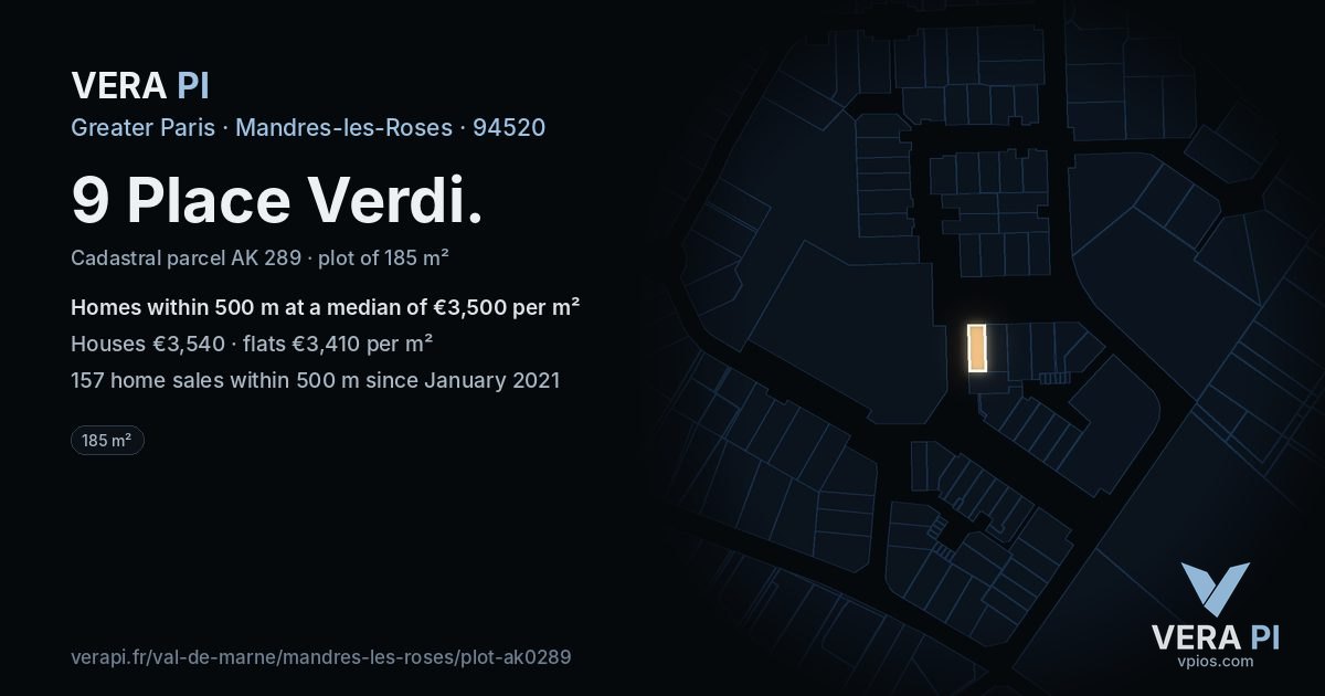 9 Place Verdi, Mandres-les-Roses at night – the plot lit, the parcels around coloured by the prices near them