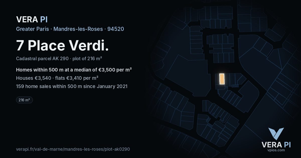 7 Place Verdi, Mandres-les-Roses at night – the plot lit, the parcels around coloured by the prices near them