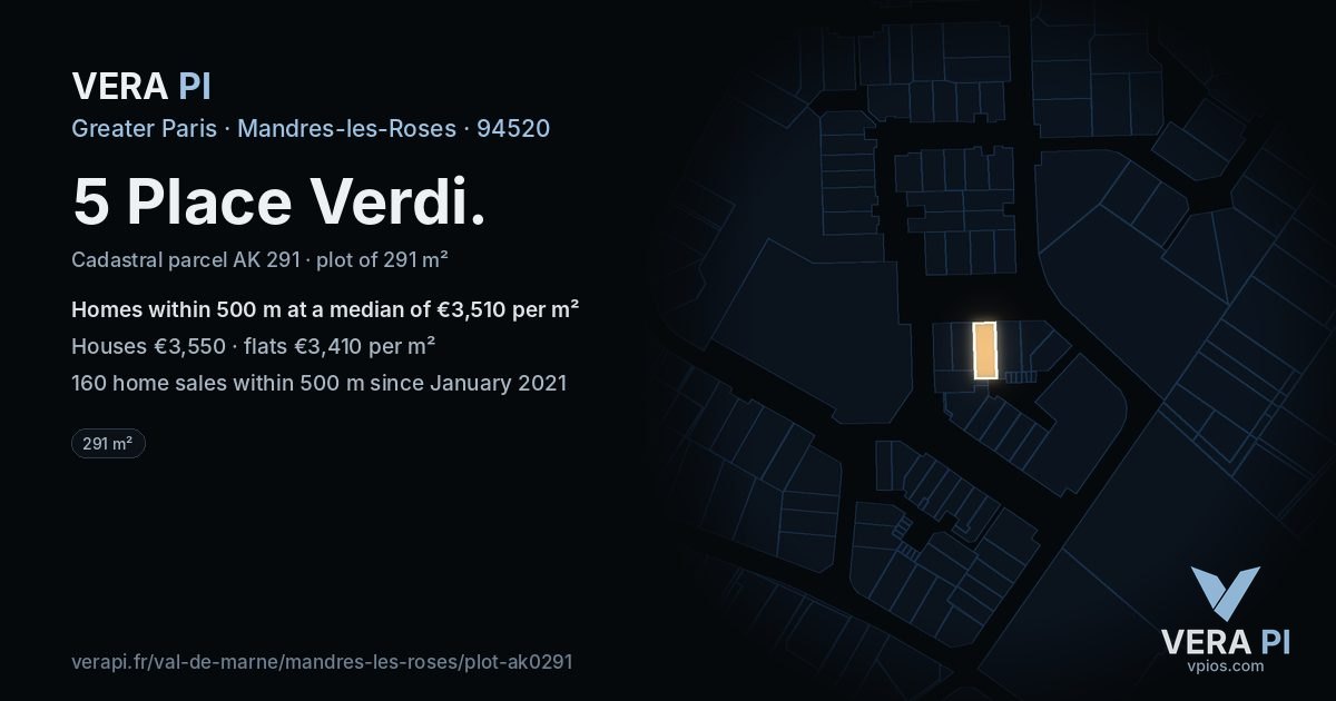 5 Place Verdi, Mandres-les-Roses at night – the plot lit, the parcels around coloured by the prices near them