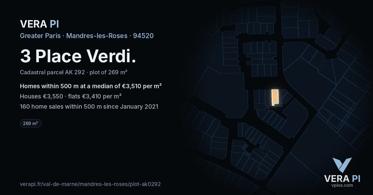 3 Place Verdi, Mandres-les-Roses at night – the plot lit, the parcels around coloured by the prices near them