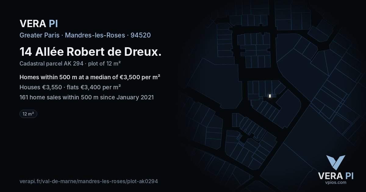 14 Allée Robert de Dreux, Mandres-les-Roses at night – the plot lit, the parcels around coloured by the prices near them