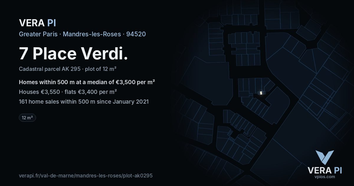 7 Place Verdi, Mandres-les-Roses at night – the plot lit, the parcels around coloured by the prices near them