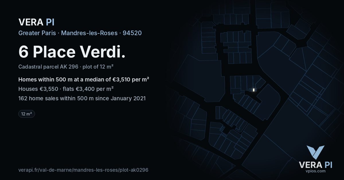 6 Place Verdi, Mandres-les-Roses at night – the plot lit, the parcels around coloured by the prices near them