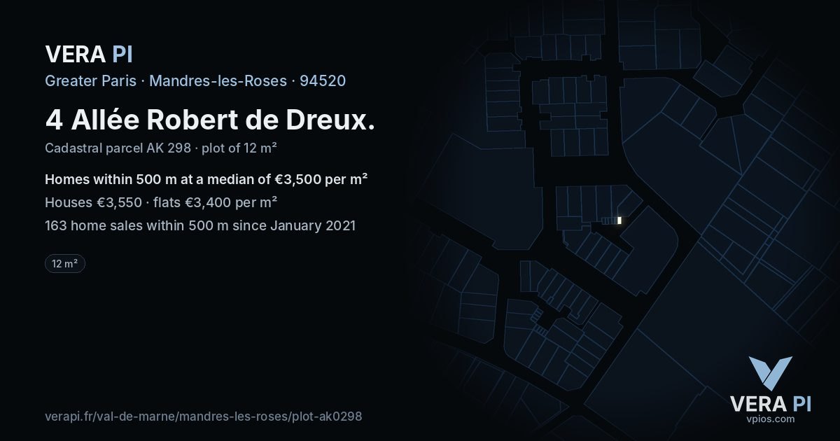 4 Allée Robert de Dreux, Mandres-les-Roses at night – the plot lit, the parcels around coloured by the prices near them