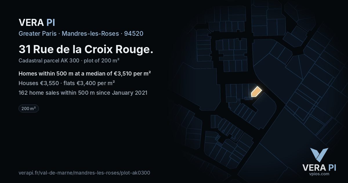31 Rue de la Croix Rouge, Mandres-les-Roses at night – the plot lit, the parcels around coloured by the prices near them