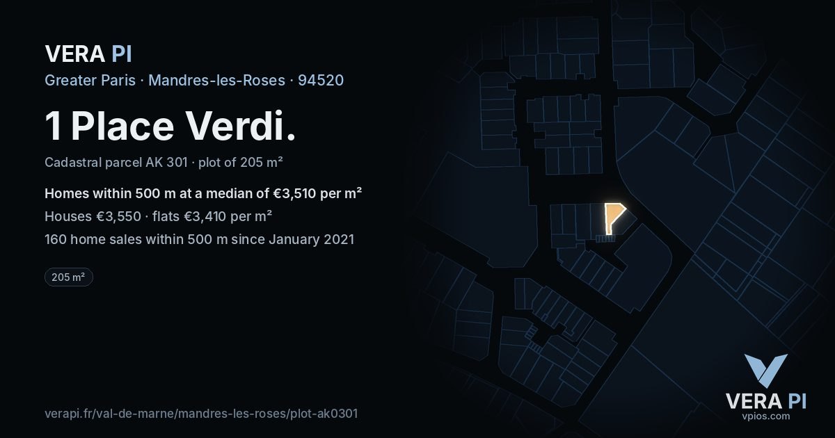 1 Place Verdi, Mandres-les-Roses at night – the plot lit, the parcels around coloured by the prices near them