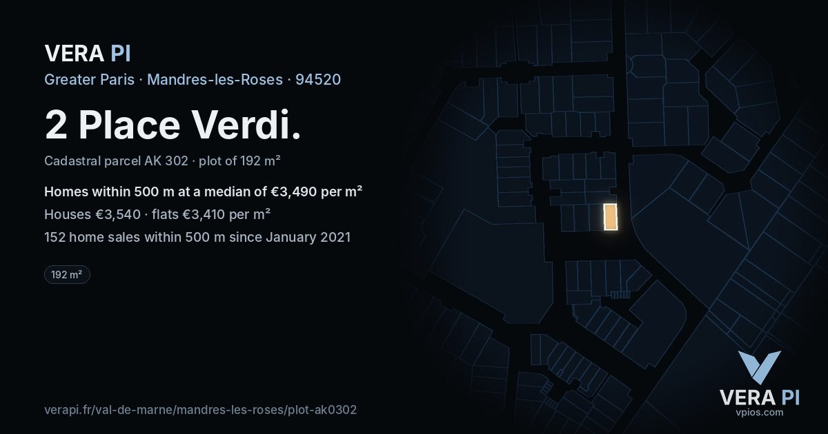 2 Place Verdi, Mandres-les-Roses at night – the plot lit, the parcels around coloured by the prices near them