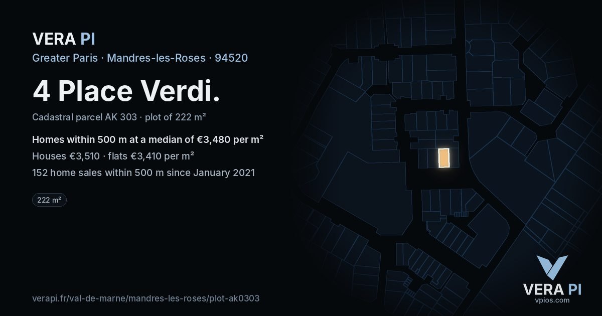 4 Place Verdi, Mandres-les-Roses at night – the plot lit, the parcels around coloured by the prices near them