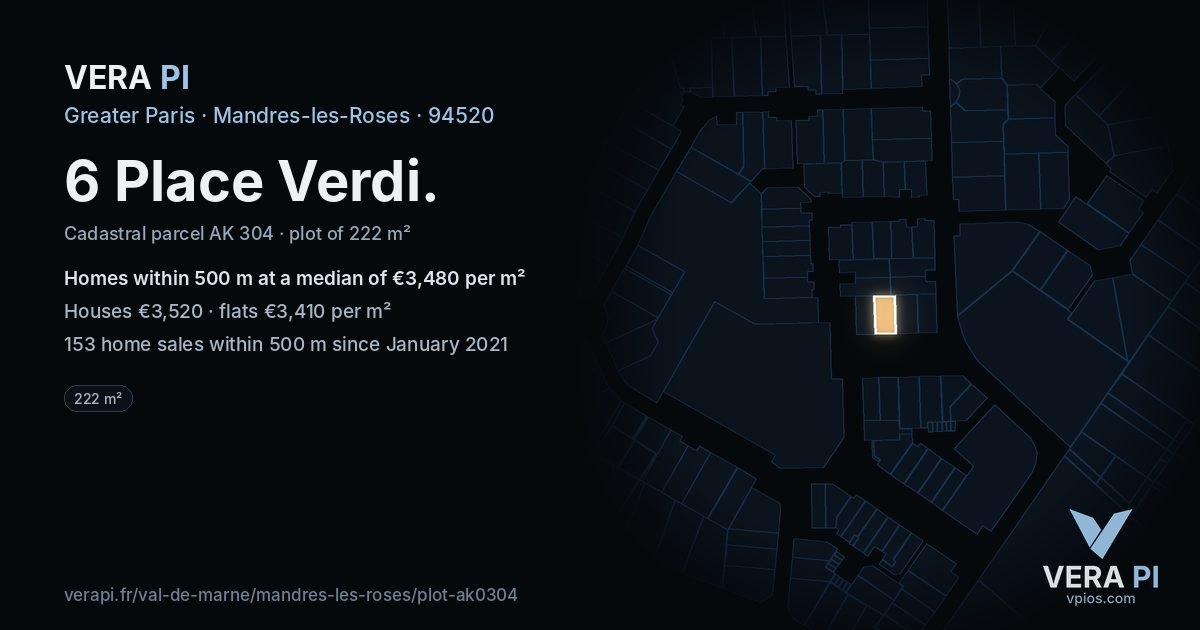 6 Place Verdi, Mandres-les-Roses at night – the plot lit, the parcels around coloured by the prices near them