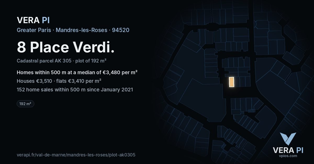 8 Place Verdi, Mandres-les-Roses at night – the plot lit, the parcels around coloured by the prices near them